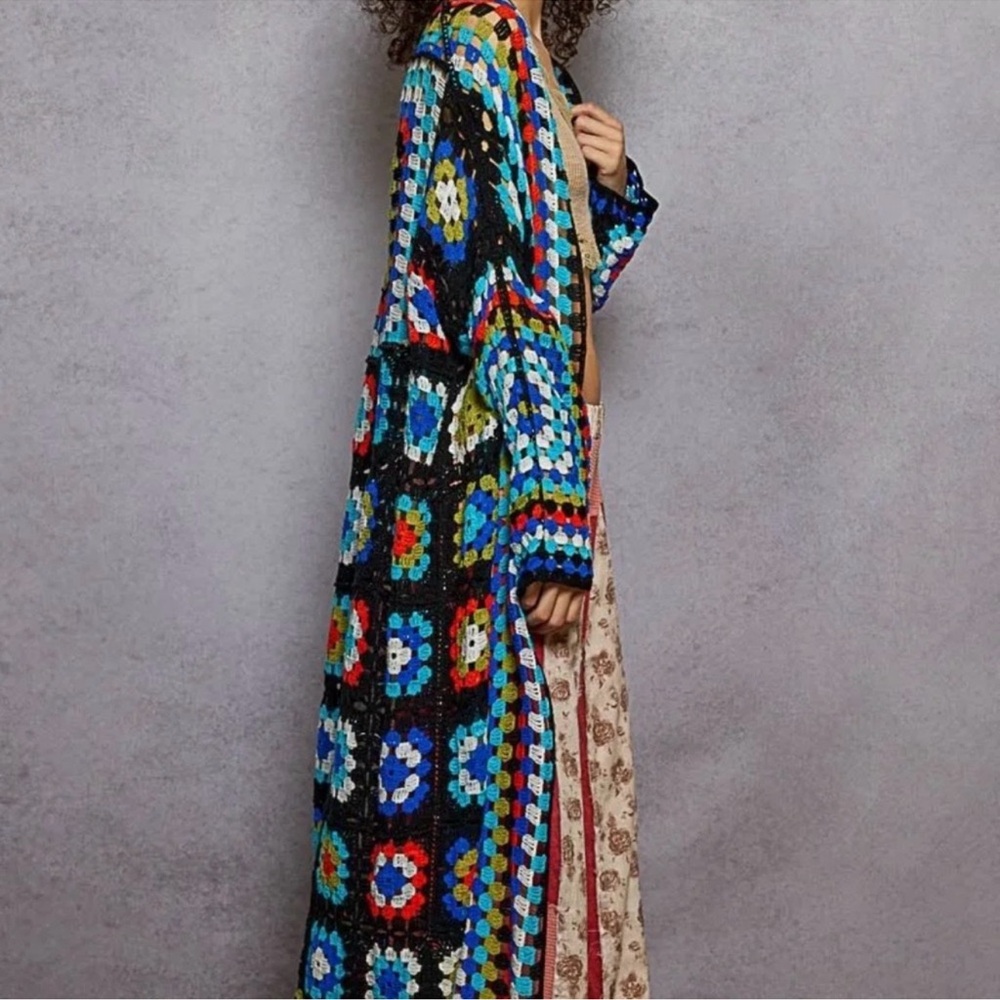 788. POL NEW MULTICOLOR CROCHET CARDIGAN SWEATER DUSTER black boho bohemian - Picture 2 of 6